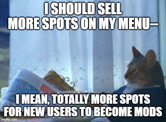 I Should Buy A Boat Cat | I SHOULD SELL MORE SPOTS ON MY MENU--; I MEAN, TOTALLY MORE SPOTS FOR NEW USERS TO BECOME MODS | image tagged in memes,i should buy a boat cat | made w/ Imgflip meme maker