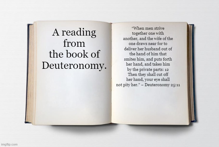 Blank Bible | “When men strive together one with another, and the wife of the one draws near for to deliver her husband out of the hand of him that smites him, and puts forth her hand, and takes him by the private parts: 12 Then they shall cut off her hand, your eye shall not pity her.” – Deuteronomy 25:11; A reading from the book of Deuteronomy. | image tagged in blank bible | made w/ Imgflip meme maker