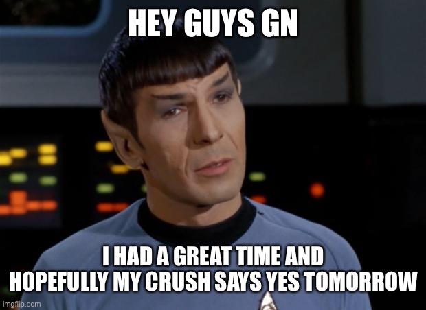 Im | HEY GUYS GN; I HAD A GREAT TIME AND HOPEFULLY MY CRUSH SAYS YES TOMORROW | image tagged in spock illogical | made w/ Imgflip meme maker