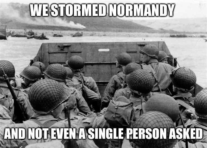 Normandy Omaha Beach | WE STORMED NORMANDY AND NOT EVEN A SINGLE PERSON ASKED | image tagged in normandy omaha beach | made w/ Imgflip meme maker