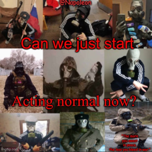 Can we just start; Acting normal now? | image tagged in napoleon's russian gas mask temp | made w/ Imgflip meme maker