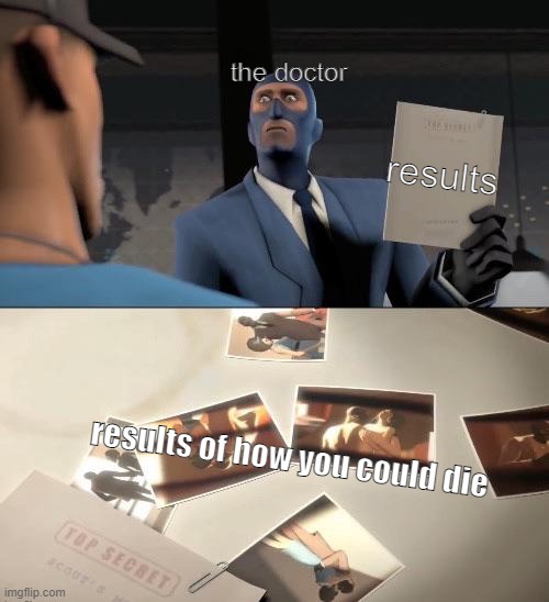 Doctor, am I gonna be okay? |  the doctor; results; results of how you could die | image tagged in that would be your mother,doctor,tf2,team fortress 2 | made w/ Imgflip meme maker
