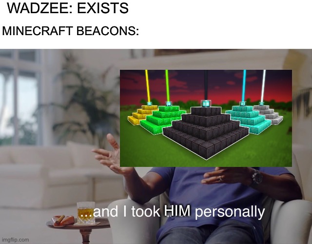 Wadzee’s beacons | WADZEE: EXISTS; MINECRAFT BEACONS:; HIM | image tagged in and i took that personally | made w/ Imgflip meme maker