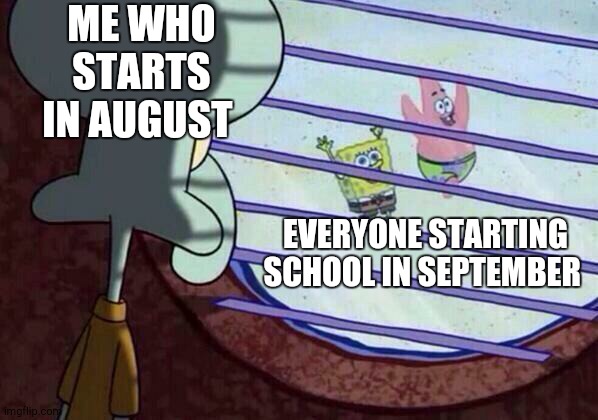 School sucks | ME WHO STARTS IN AUGUST; EVERYONE STARTING SCHOOL IN SEPTEMBER | image tagged in squidward window | made w/ Imgflip meme maker
