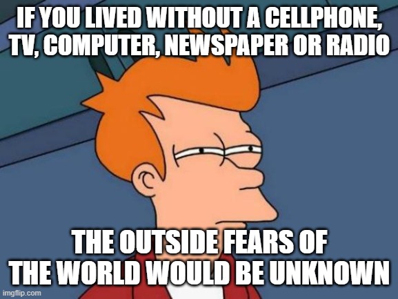 Futurama Fry | IF YOU LIVED WITHOUT A CELLPHONE, TV, COMPUTER, NEWSPAPER OR RADIO; THE OUTSIDE FEARS OF THE WORLD WOULD BE UNKNOWN | image tagged in memes,futurama fry | made w/ Imgflip meme maker
