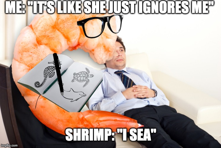 ME: "IT'S LIKE SHE JUST IGNORES ME"; SHRIMP: "I SEA" | image tagged in shrimp,psychiatrist,lol,mental health | made w/ Imgflip meme maker