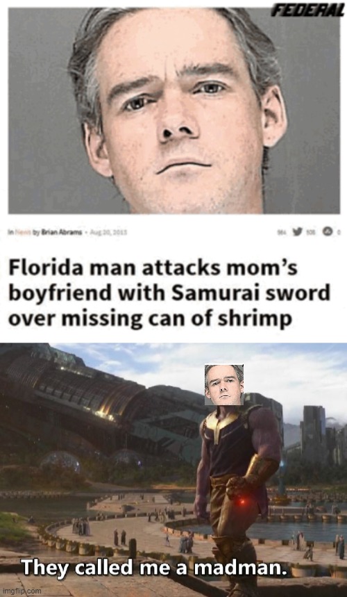 Florida Man samurai sword | image tagged in thanos they called me a madman,florida man,samurai sword,can of shrimp,memes,funny memes | made w/ Imgflip meme maker
