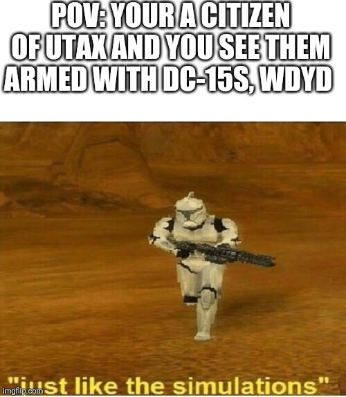 If you try to fight back I'll tell you this, The battle of Ustar and the siege of Utax were both successful for the New Republic | POV: YOUR A CITIZEN OF UTAX AND YOU SEE THEM ARMED WITH DC-15S, WDYD | image tagged in just like the simulations | made w/ Imgflip meme maker