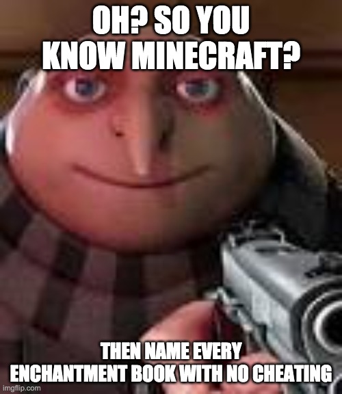 Gru with Gun | OH? SO YOU KNOW MINECRAFT? THEN NAME EVERY ENCHANTMENT BOOK WITH NO CHEATING | image tagged in gru with gun | made w/ Imgflip meme maker