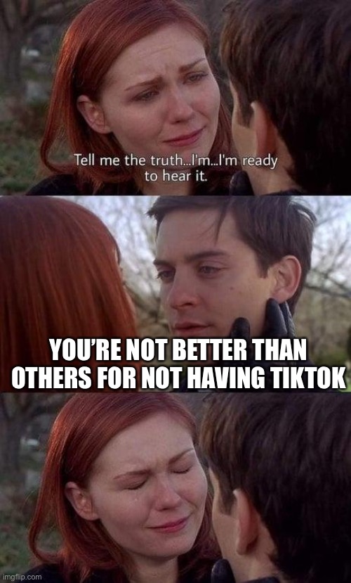 Tell me the truth, I'm ready to hear it | YOU’RE NOT BETTER THAN OTHERS FOR NOT HAVING TIKTOK | image tagged in tell me the truth i'm ready to hear it | made w/ Imgflip meme maker
