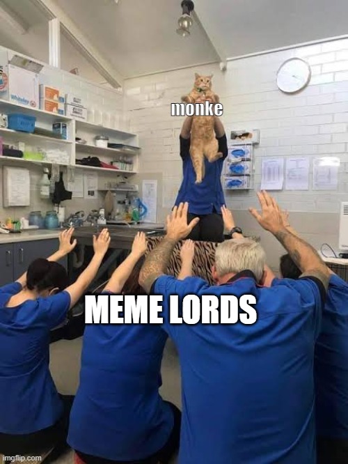 true | monke; MEME LORDS | image tagged in people worshipping the cat | made w/ Imgflip meme maker