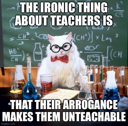 #notallteachers | THE IRONIC THING ABOUT TEACHERS IS; THAT THEIR ARROGANCE MAKES THEM UNTEACHABLE | image tagged in memes,chemistry cat,teachers | made w/ Imgflip meme maker