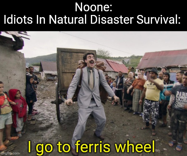 I don't get the excitement of dying on the ferris wheel... | Noone:

Idiots In Natural Disaster Survival:; I go to ferris wheel | image tagged in borat i go to america | made w/ Imgflip meme maker