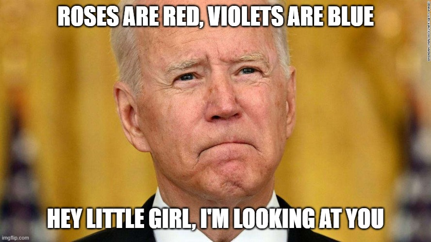 lost in thought | ROSES ARE RED, VIOLETS ARE BLUE; HEY LITTLE GIRL, I'M LOOKING AT YOU | image tagged in joe biden,lost,pedophile | made w/ Imgflip meme maker