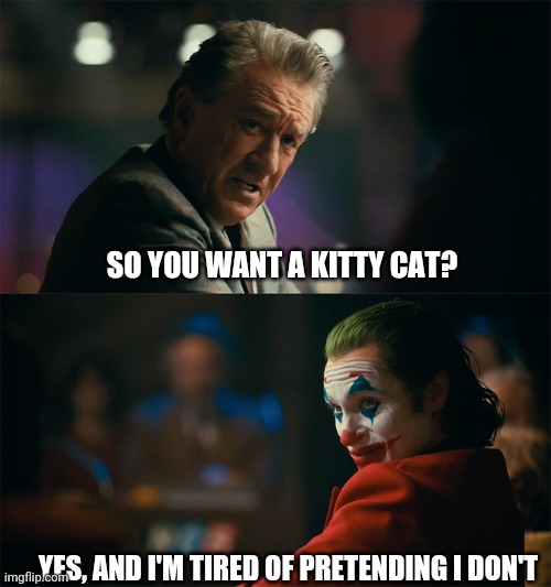 I'm tired of pretending it's not | SO YOU WANT A KITTY CAT? YES, AND I'M TIRED OF PRETENDING I DON'T | image tagged in i'm tired of pretending it's not | made w/ Imgflip meme maker