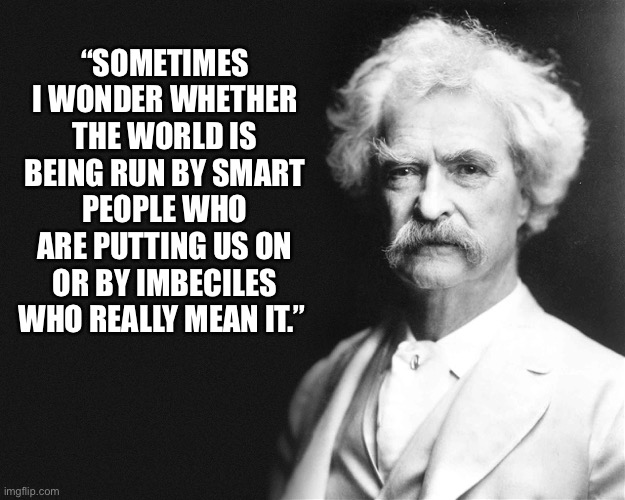 My vote is for imbeciles. | “SOMETIMES I WONDER WHETHER THE WORLD IS BEING RUN BY SMART PEOPLE WHO ARE PUTTING US ON OR BY IMBECILES WHO REALLY MEAN IT.” | image tagged in mark twain | made w/ Imgflip meme maker