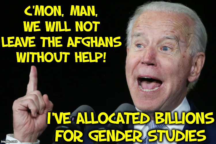 A President you can be proud of | C'MON, MAN, WE WILL NOT LEAVE THE AFGHANS WITHOUT HELP! I'VE ALLOCATED BILLIONS
FOR GENDER STUDIES | image tagged in vince vance,creepy joe biden,president biden,memes,afghanistan,gender studies | made w/ Imgflip meme maker