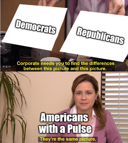 Lesser of Two Equals | Democrats; Republicans; Americans 
with a Pulse | image tagged in corporate wants you to find the difference,republicans,democrats,two party system,voting,campaign finance reform | made w/ Imgflip meme maker