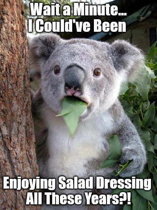 Hidden Valley |  Wait a Minute... I Could've Been; Enjoying Salad Dressing 
All These Years?! | image tagged in memes,surprised koala,salad,koalas,salad dressing,salad bar | made w/ Imgflip meme maker