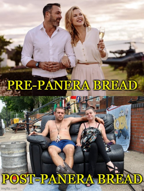 Spot the Difference | PRE-PANERA BREAD; POST-PANERA BREAD | image tagged in rich,poor,fast,casual,restaurant,stock photos | made w/ Imgflip meme maker