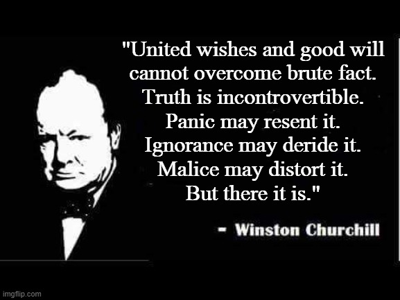 INCONTROVERTIBLE TRUTH | "United wishes and good will
cannot overcome brute fact.
Truth is incontrovertible.
Panic may resent it.
Ignorance may deride it.
Malice may distort it.
But there it is." | image tagged in churchill,truth,facts,quotes,brute facts,courage | made w/ Imgflip meme maker