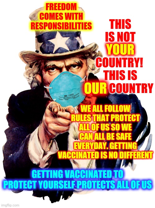 We ALL Follow Rules That Protect ALL Of Us.  Vaccinations Are No Different No Matter Who You Voted For | FREEDOM COMES WITH RESPONSIBILITIES; THIS IS NOT YOUR COUNTRY!  THIS IS OUR COUNTRY; YOUR; WE ALL FOLLOW RULES THAT PROTECT ALL OF US SO WE CAN ALL BE SAFE EVERYDAY. GETTING VACCINATED IS NO DIFFERENT; OUR; GETTING VACCINATED TO PROTECT YOURSELF PROTECTS ALL OF US | image tagged in uncle sam i want you to mask n95 covid coronavirus,memes,covid vaccine,public safety,we live in a society,ours not yours | made w/ Imgflip meme maker