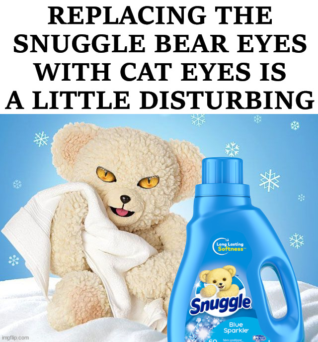 REPLACING THE SNUGGLE BEAR EYES WITH CAT EYES IS A LITTLE DISTURBING | image tagged in bear | made w/ Imgflip meme maker