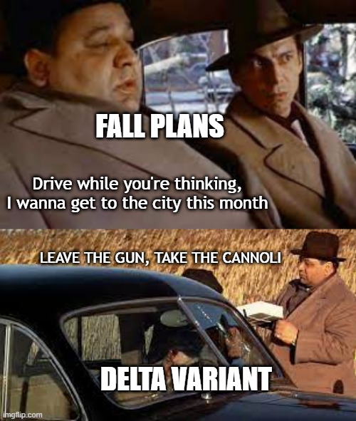 Delta Variant | FALL PLANS; Drive while you're thinking, I wanna get to the city this month; LEAVE THE GUN, TAKE THE CANNOLI; DELTA VARIANT | image tagged in the godfather | made w/ Imgflip meme maker