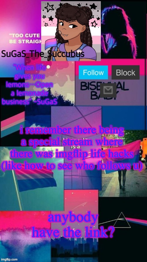 Bi Demigirl STS/SMC Announcement temp (out of commission!) | i remember there being a special stream where there was imgflip life hacks (like how to see who follows u); anybody have the link? | image tagged in bi demigirl sts/smc announcement temp | made w/ Imgflip meme maker