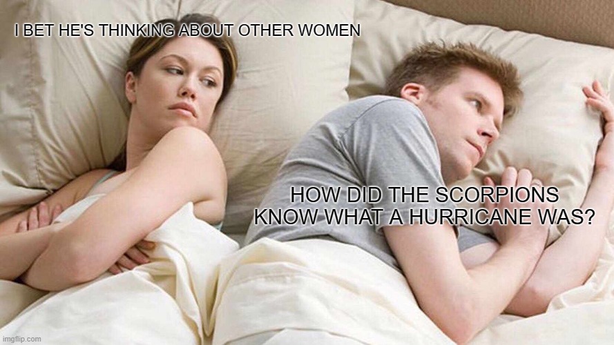 has a hurricane ever hit Germany? | I BET HE'S THINKING ABOUT OTHER WOMEN; HOW DID THE SCORPIONS KNOW WHAT A HURRICANE WAS? | image tagged in memes,i bet he's thinking about other women,hurricane,rock,scorpion,germany | made w/ Imgflip meme maker