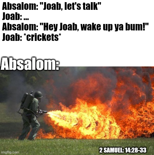 Absalom wants to talk | Absalom: "Joab, let's talk"
Joab: ...
Absalom: "Hey Joab, wake up ya bum!"
Joab: *crickets*; Absalom:; 2 SAMUEL: 14:28-33 | image tagged in flamethrower | made w/ Imgflip meme maker