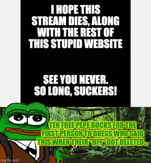 Why does [REDACTED] hate imgflip so much? | TEN FREE PEPE BUCKS FOR THE FIRST PERSON TO GUESS WHO SAID THIS WHEN THEIR "BFF" GOT DELETED... | image tagged in jungle,dont,vote,for wn,vote pepe party | made w/ Imgflip meme maker