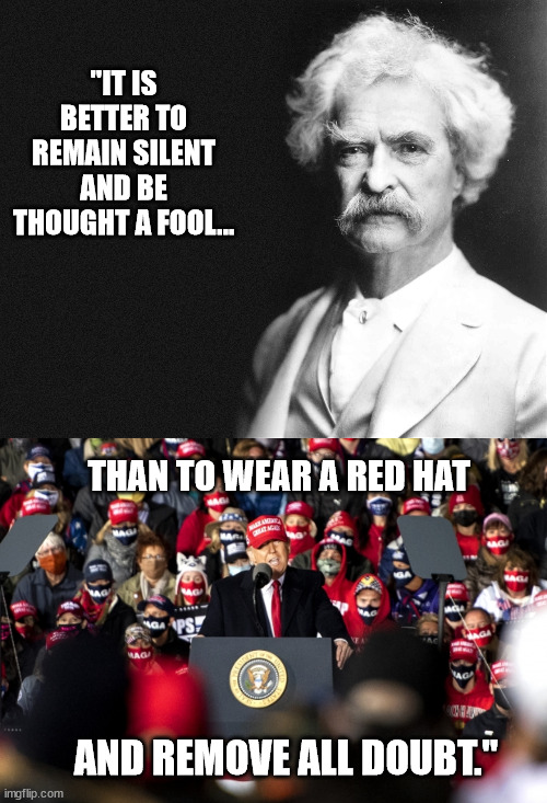 Duh-nold Trump and "friends" | "IT IS BETTER TO REMAIN SILENT AND BE THOUGHT A FOOL... THAN TO WEAR A RED HAT; AND REMOVE ALL DOUBT." | image tagged in mark twain,idiot trump | made w/ Imgflip meme maker