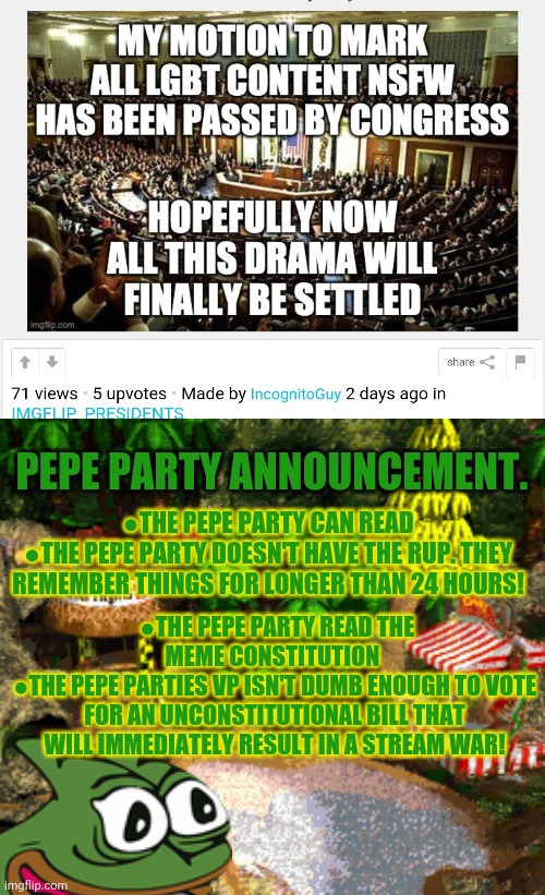 Why won't Surly vote for unconstitutional bills? | PEPE PARTY ANNOUNCEMENT. ●THE PEPE PARTY CAN READ
●THE PEPE PARTY DOESN'T HAVE THE RUP. THEY REMEMBER THINGS FOR LONGER THAN 24 HOURS! ●THE  | image tagged in pepe party announcement,vote,pepe,party | made w/ Imgflip meme maker