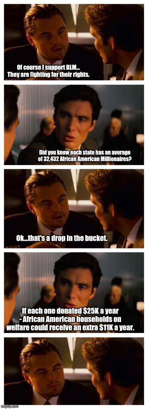 Inception | Of course I support BLM... They are fighting for their rights. Did you know each state has an average of 32,432 African American Millionaires? Ok...that's a drop in the bucket. If each one donated $25K a year - African American households on welfare could receive an extra $11K a year. | image tagged in leonardo inception extended | made w/ Imgflip meme maker