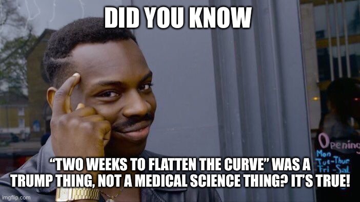 DID YOU KNOW “TWO WEEKS TO FLATTEN THE CURVE” WAS A TRUMP THING, NOT A MEDICAL SCIENCE THING? IT’S TRUE! | image tagged in memes,roll safe think about it | made w/ Imgflip meme maker