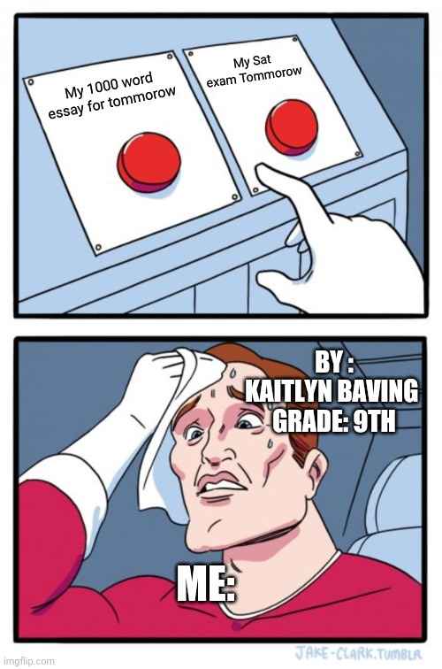 A day in a life of a teenager | My Sat exam Tommorow; My 1000 word essay for tommorow; BY : KAITLYN BAVING 
GRADE: 9TH; ME: | image tagged in memes,two buttons | made w/ Imgflip meme maker