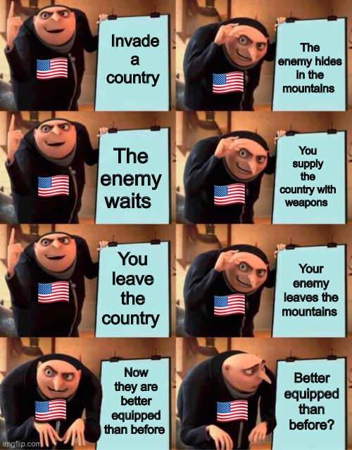 American foreign policy be like: | The enemy hides in the mountains; 🇺🇸; Invade a country; 🇺🇸; The enemy waits; You supply the country with weapons; 🇺🇸; 🇺🇸; You leave the country; 🇺🇸; Your enemy leaves the mountains; 🇺🇸; Now they are better equipped than before; Better equipped than before? 🇺🇸; 🇺🇸 | image tagged in memes,gru's plan,politics suck,government corruption,derp,stupid people | made w/ Imgflip meme maker