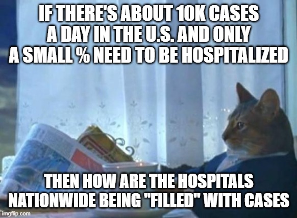 Cat newspaper | IF THERE'S ABOUT 10K CASES A DAY IN THE U.S. AND ONLY A SMALL % NEED TO BE HOSPITALIZED THEN HOW ARE THE HOSPITALS NATIONWIDE BEING "FILLED" | image tagged in cat newspaper | made w/ Imgflip meme maker
