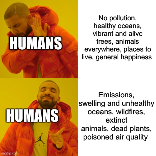 Drake Hotline Bling | No pollution, healthy oceans, vibrant and alive trees, animals everywhere, places to live, general happiness; HUMANS; Emissions, swelling and unhealthy oceans, wildfires, extinct animals, dead plants, poisoned air quality; HUMANS | image tagged in memes,drake hotline bling | made w/ Imgflip meme maker