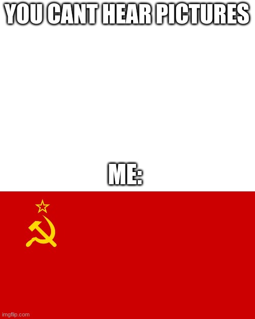 YOU CANT HEAR PICTURES; ME: | image tagged in blank white template,soviet flag | made w/ Imgflip meme maker