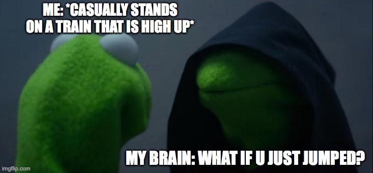 idk what it is, is anyone else like this?? |  ME: *CASUALLY STANDS ON A TRAIN THAT IS HIGH UP*; MY BRAIN: WHAT IF U JUST JUMPED? | image tagged in memes,evil kermit | made w/ Imgflip meme maker