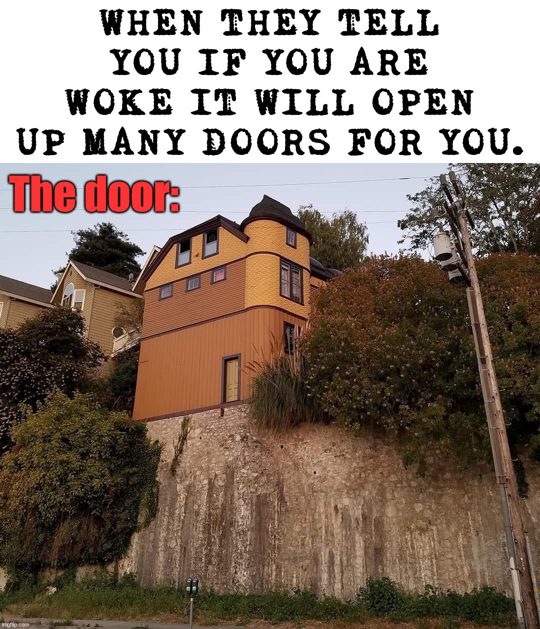 WHEN THEY TELL YOU IF YOU ARE WOKE IT WILL OPEN UP MANY DOORS FOR YOU. The door: | image tagged in political meme | made w/ Imgflip meme maker