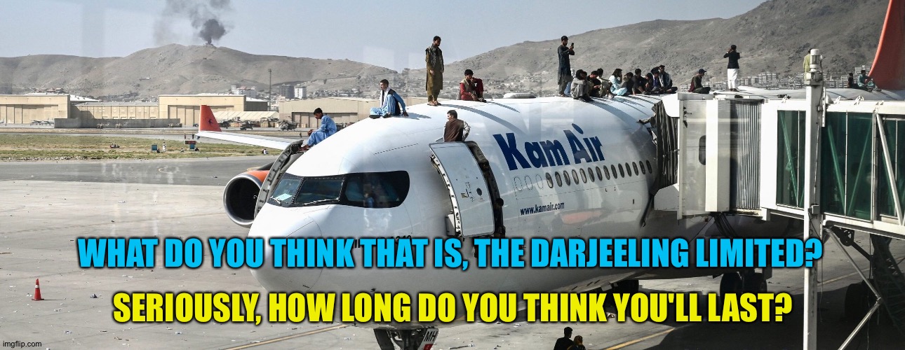 Potential Darwin Award nominees | WHAT DO YOU THINK THAT IS, THE DARJEELING LIMITED? SERIOUSLY, HOW LONG DO YOU THINK YOU'LL LAST? | image tagged in people atop plane | made w/ Imgflip meme maker