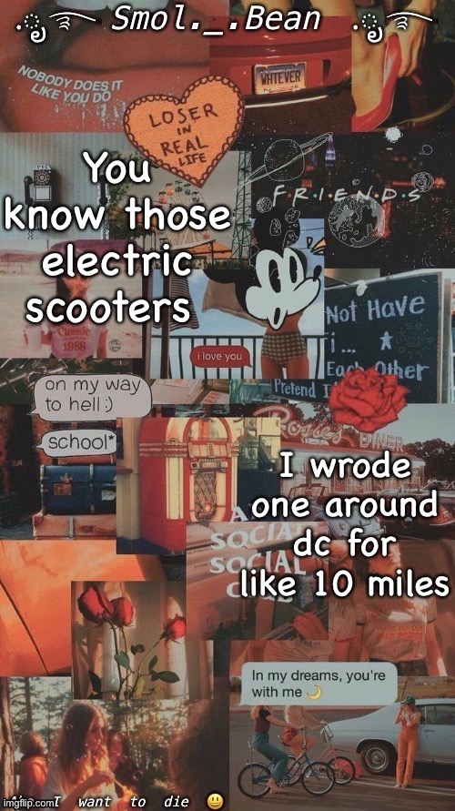 It was so fun and my knees hurt | You know those electric scooters; I wrode one around dc for like 10 miles | image tagged in beans orange temp hehe | made w/ Imgflip meme maker
