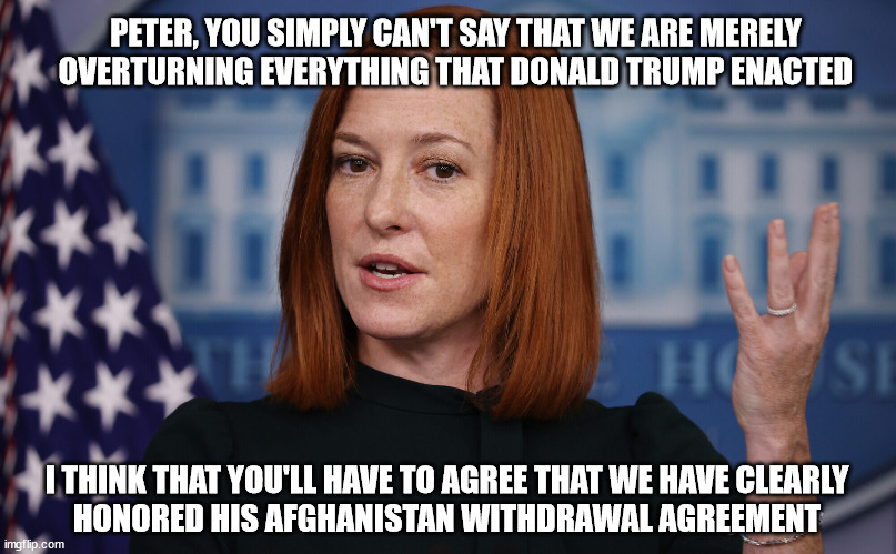 She does make a lot of sense | PETER, YOU SIMPLY CAN'T SAY THAT WE ARE MERELY
OVERTURNING EVERYTHING THAT DONALD TRUMP ENACTED; I THINK THAT YOU'LL HAVE TO AGREE THAT WE HAVE CLEARLY
HONORED HIS AFGHANISTAN WITHDRAWAL AGREEMENT | image tagged in catastrophic blunder | made w/ Imgflip meme maker