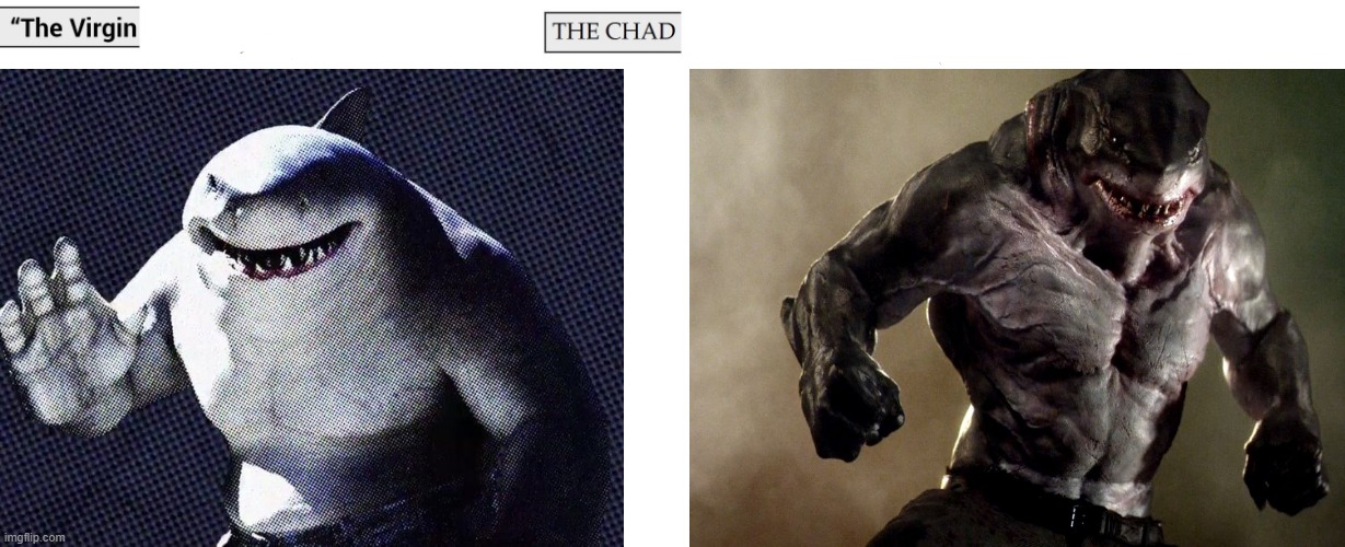 Virgin King Shark of The Suicide Squad vs Chad King Shark of The Flash | image tagged in dceu,shark,flash,suicide squad,virgin vs chad | made w/ Imgflip meme maker
