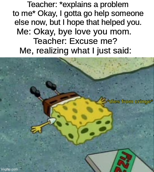 QwQ | Teacher: *explains a problem to me* Okay, I gotta go help someone else now, but I hope that helped you. Me: Okay, bye love you mom. 
Teacher: Excuse me?
Me, realizing what I just said: | image tagged in dies from cringe,school,teachers | made w/ Imgflip meme maker