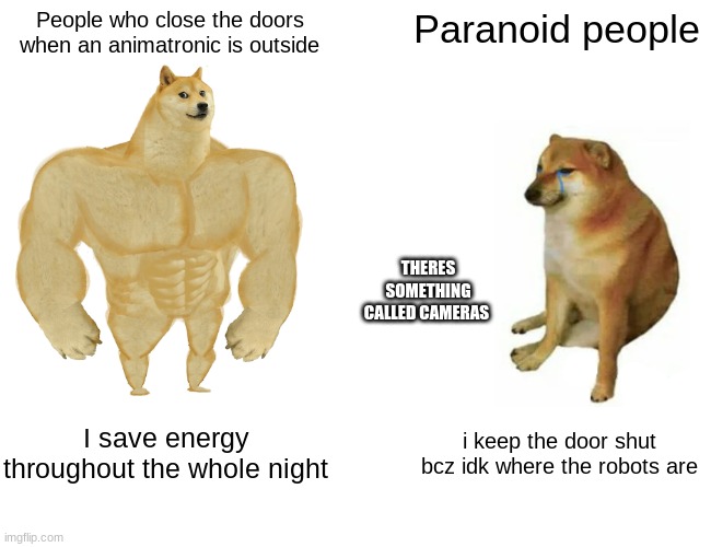 night guard | People who close the doors when an animatronic is outside; Paranoid people; THERES SOMETHING CALLED CAMERAS; I save energy throughout the whole night; i keep the door shut bcz idk where the robots are | image tagged in memes,buff doge vs cheems | made w/ Imgflip meme maker