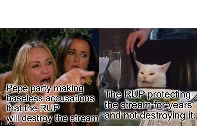 Woman Yelling At Cat Meme | Pepe party making baseless accusations that the RUP will destroy the stream; The RUP protecting the stream for years and not destroying it. | image tagged in memes,woman yelling at cat | made w/ Imgflip meme maker